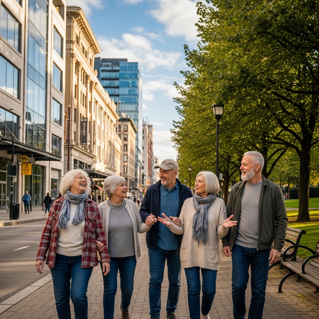 Neighbors walking and talking on a walkable neighborhood street