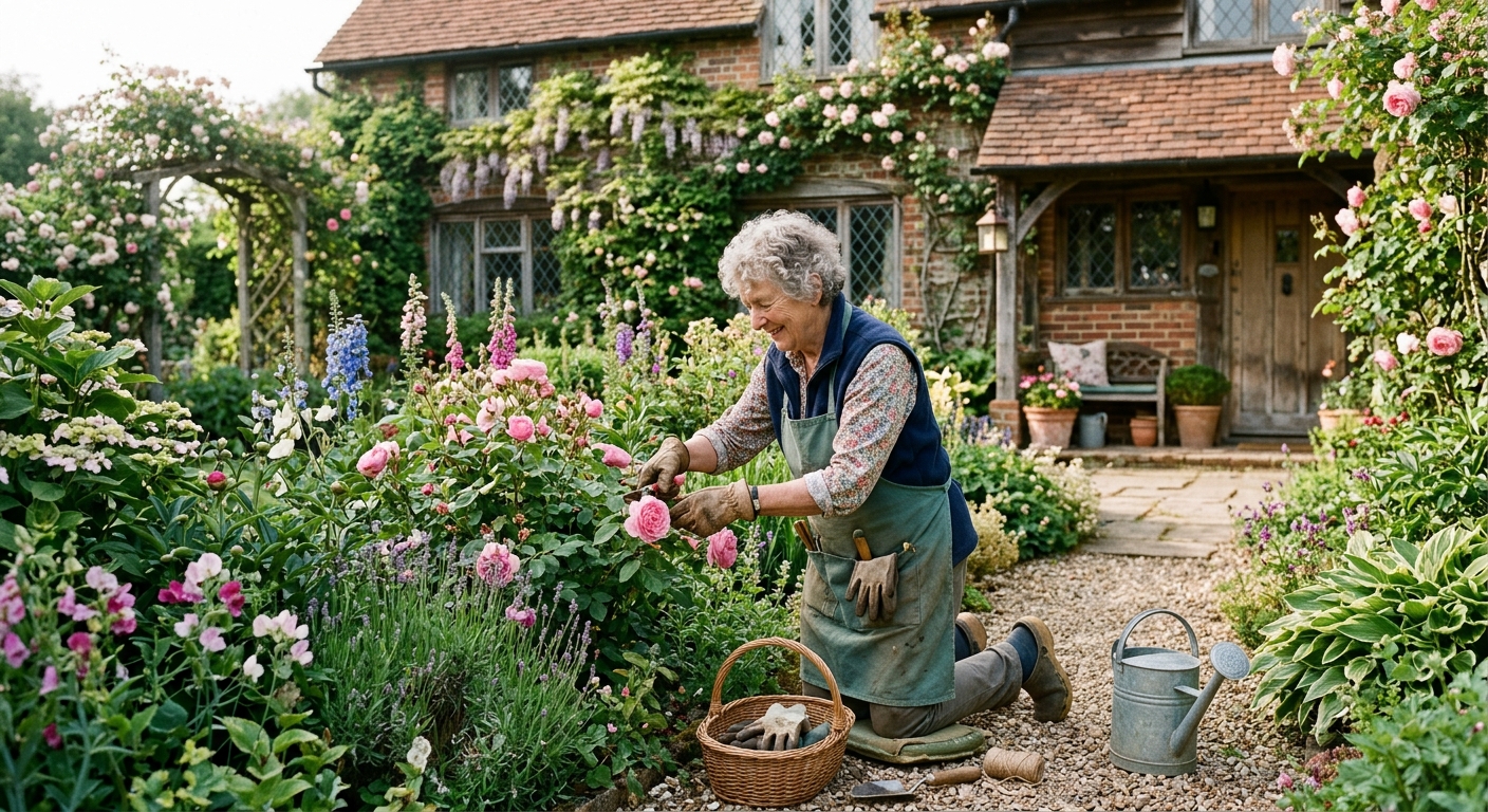 Senior homeowner tending a garden outside the home she has lived in for decades
